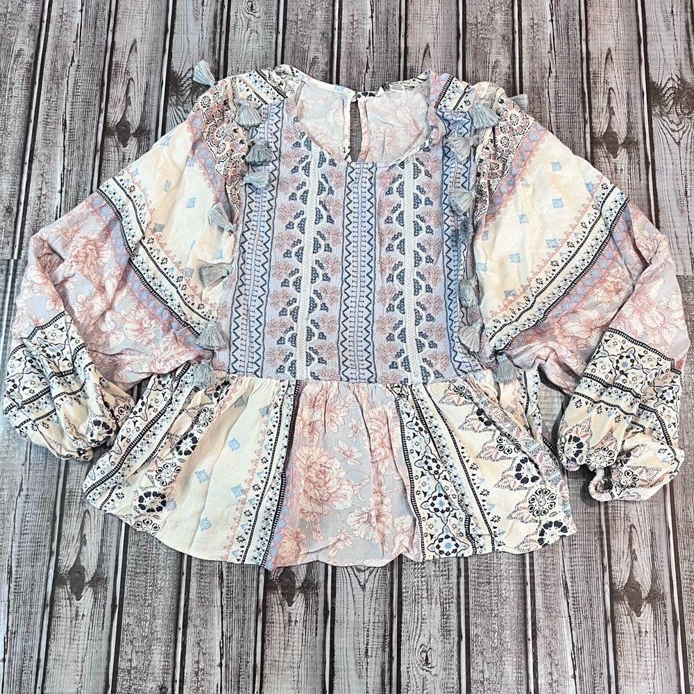 American Eagle Floral Boho Embroidered Tassel Peasant Peplum Blouse size Small *